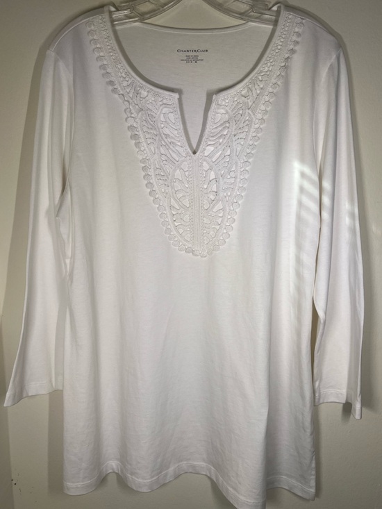 Charter Club Tops - Charter Club Cotton White Lace Crochet-Trim Scoop V-Notch Tunic